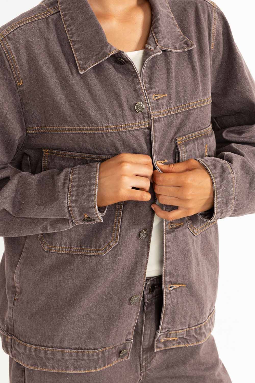 Rhythm - Demi Oversized Denim Jacket - Chocolate - Detail