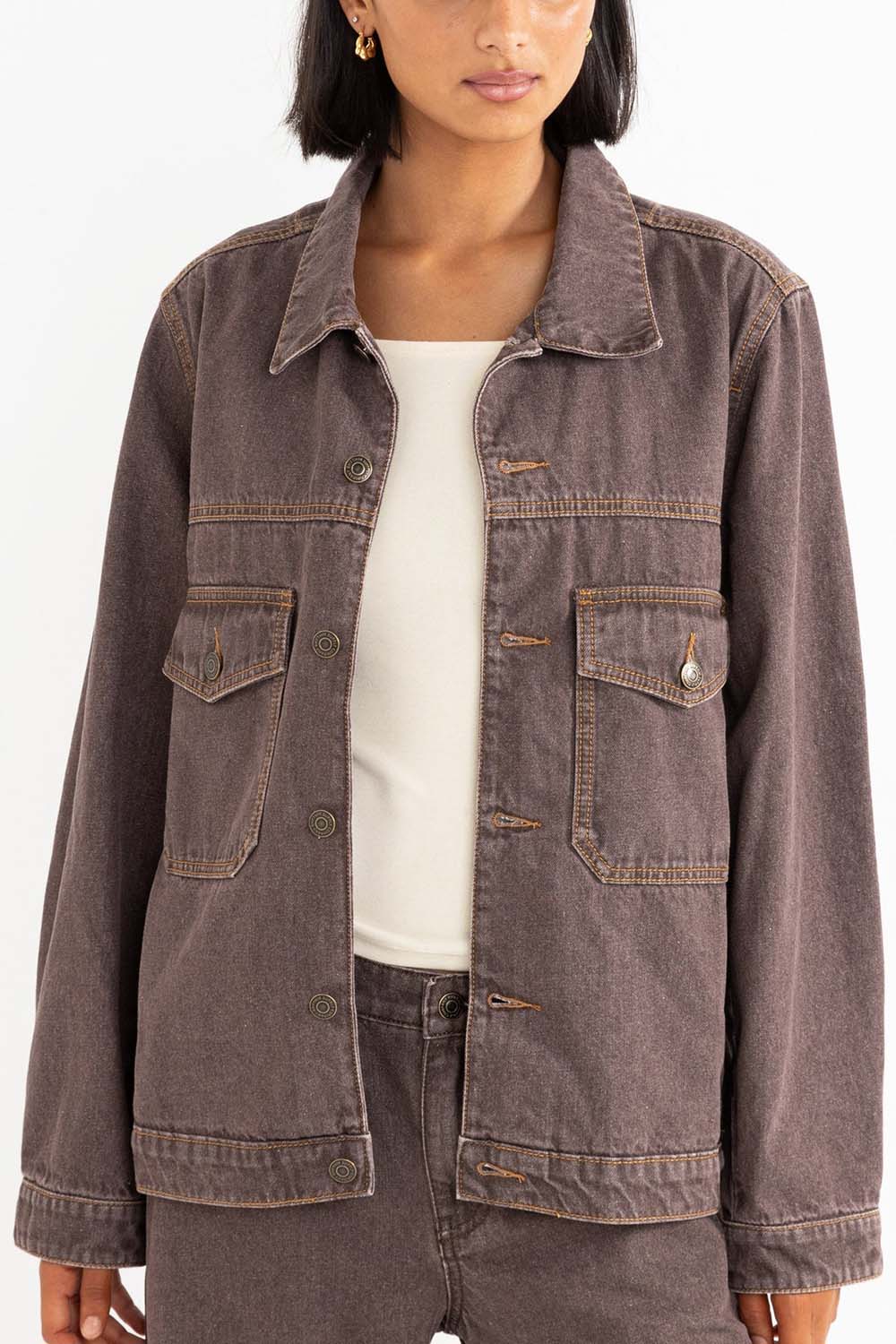 Rhythm - Demi Oversized Denim Jacket - Chocolate - Front