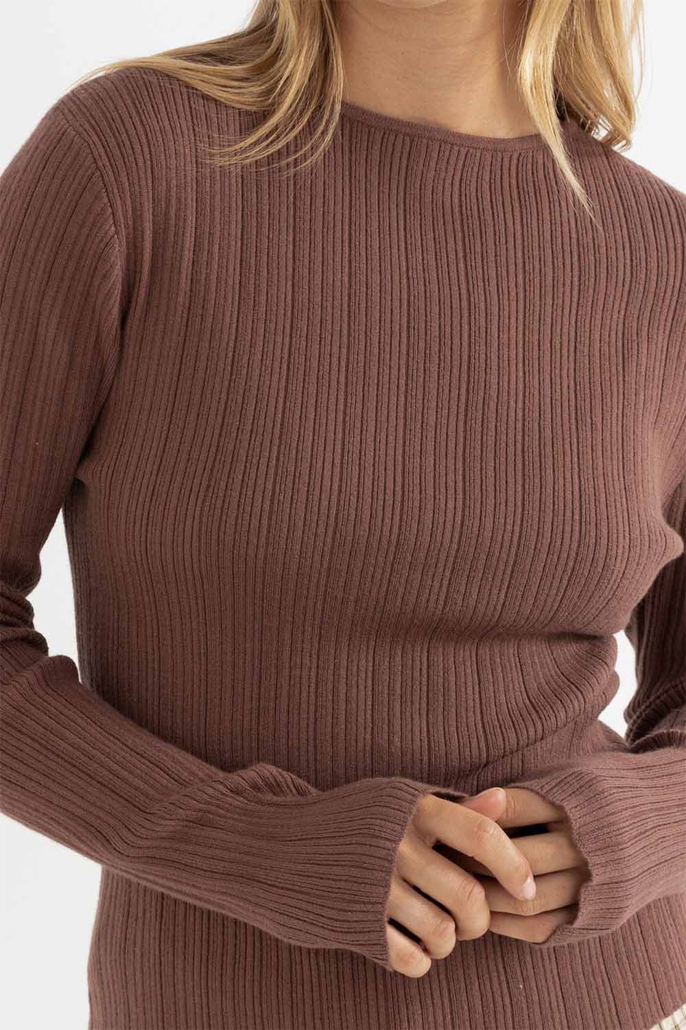 Rhythm - Essential LS Knit Top - Chocolate - Detail