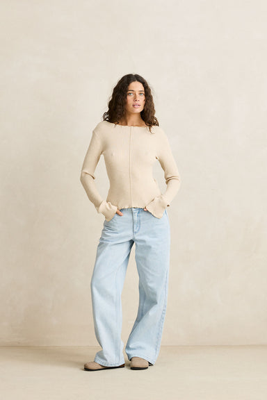 rhythm essential ls knit top white marle front