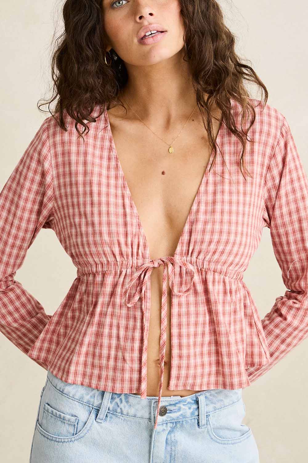 rhythm kirra check ls top pink detail