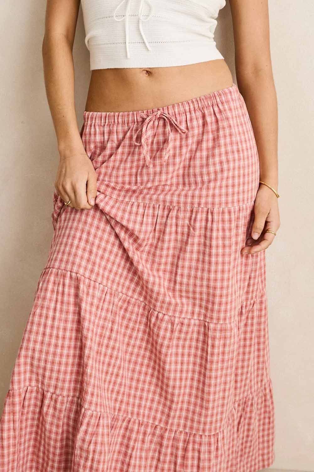 rhythm kirra check tiered maxi skirt pink detail