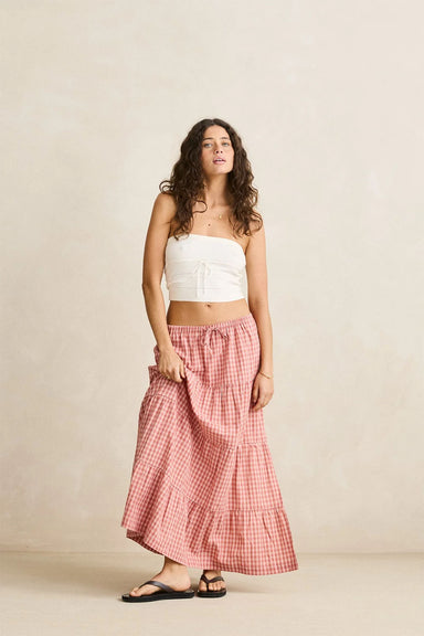 rhythm kirra check tiered maxi skirt pink front