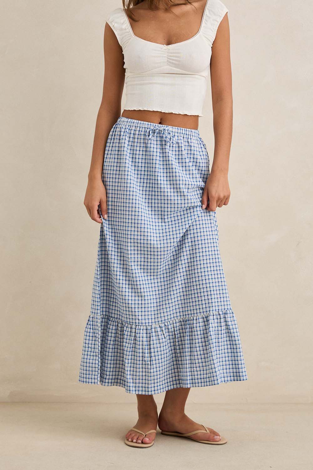 rhythm lola check tiered maxi skirt blue