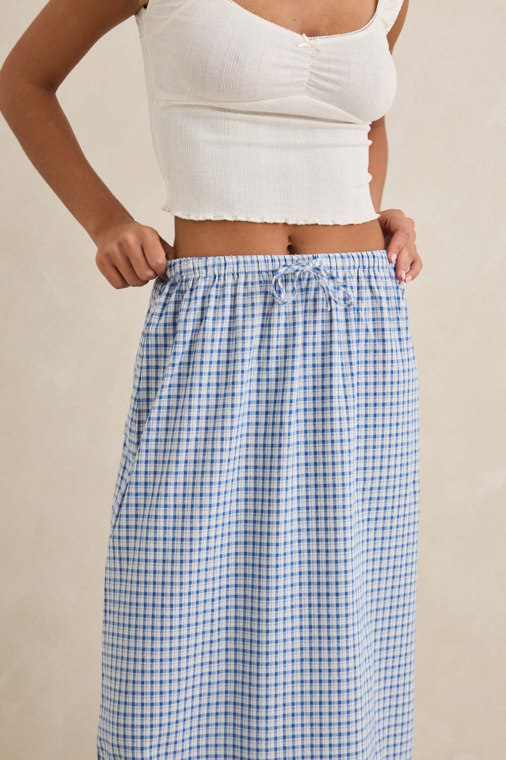 rhythm lola check tiered maxi skirt blue detail