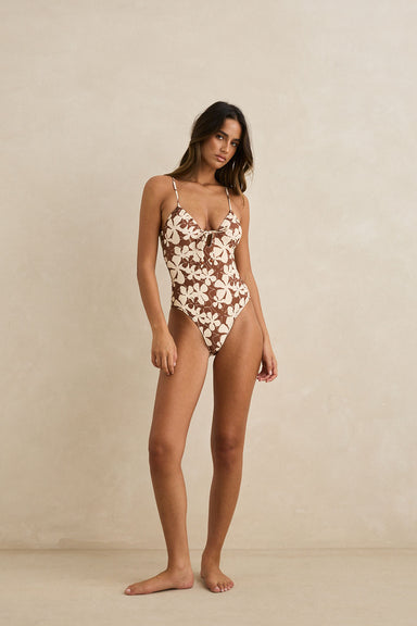rhythm melia floral tie front one piece chocolate front