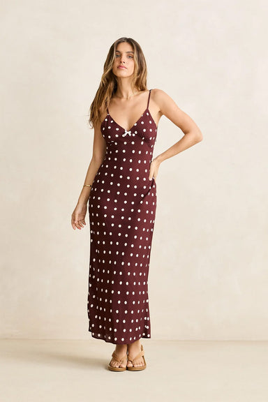 rhythm polka dot bias midi dress cafe front