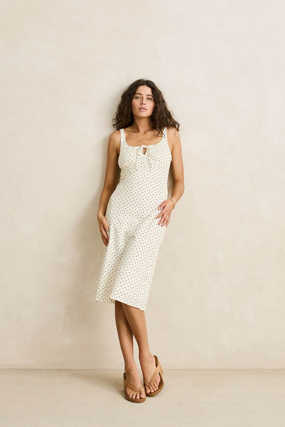 rhythm polka midi dress cream front