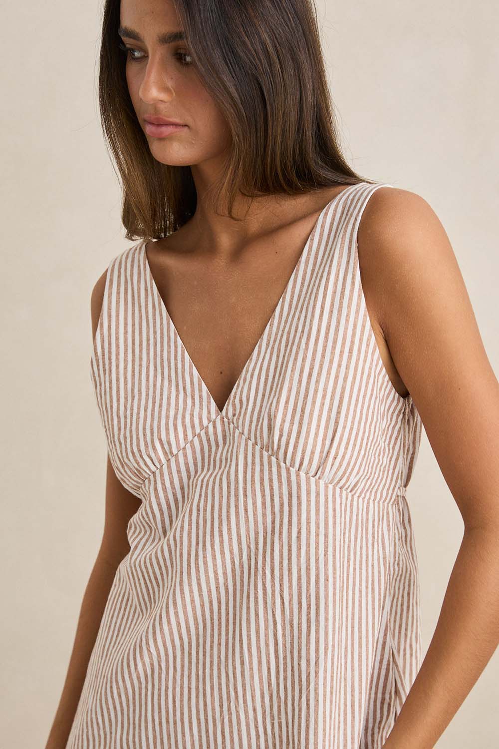 rhythm valley stripe mini dress tan detail