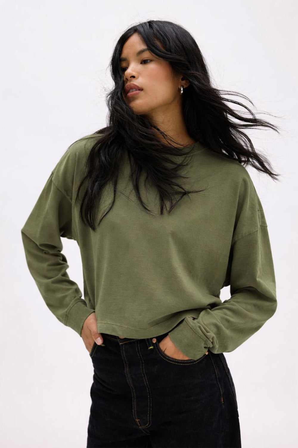 Richer Poorer Relaxed Crop Long Sleeve Tee in Cypress — Front view