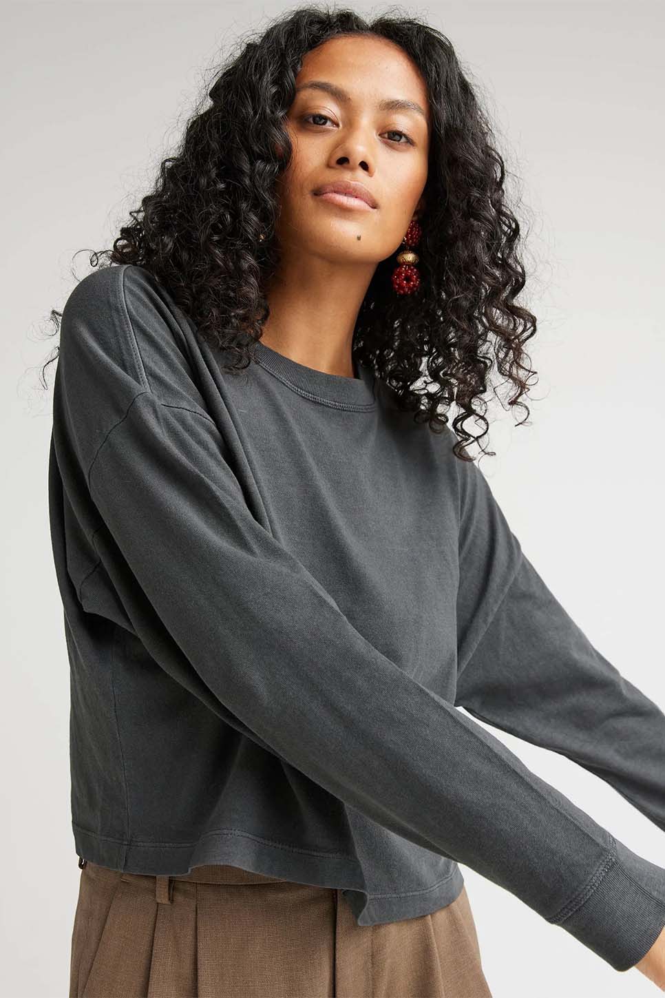 Richer Poorer Relaxed Crop Long Sleeve Tee in Stretch Limo — Front view