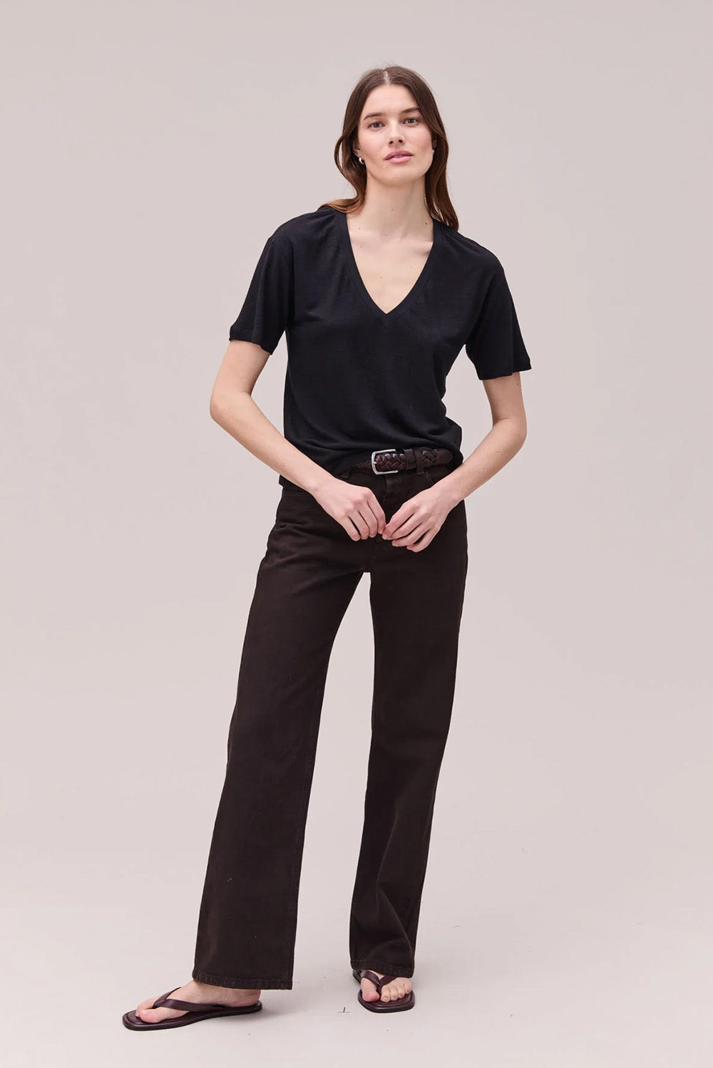 richer poorer linen jersey v neck tee black front