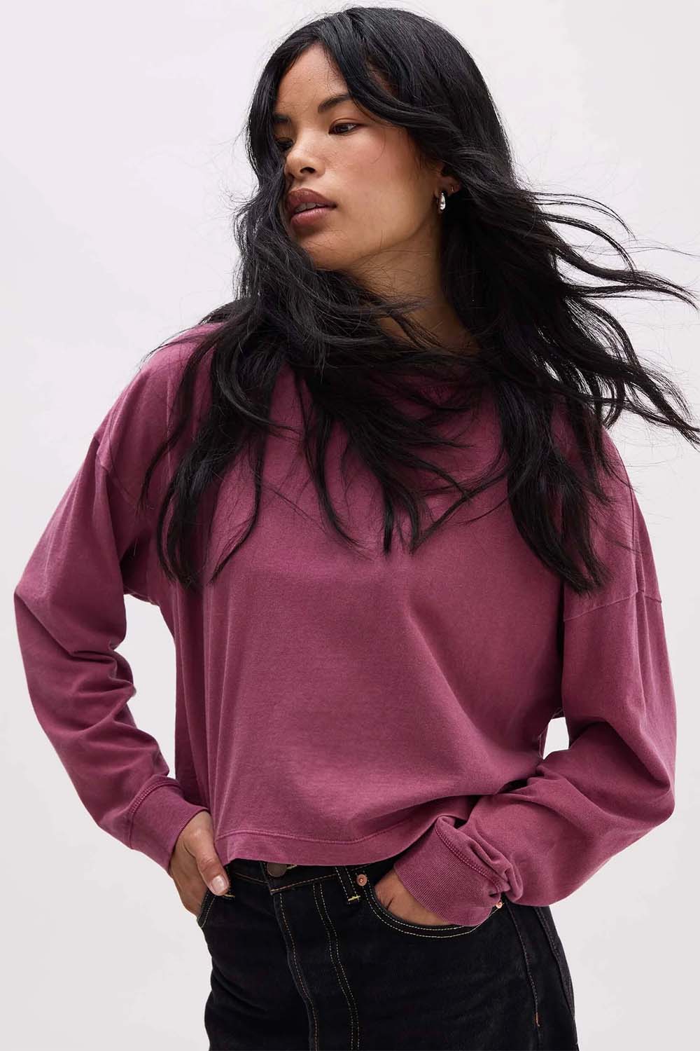Richer Poorer - Relaxed Crop LS Tee - Burgundy - Front