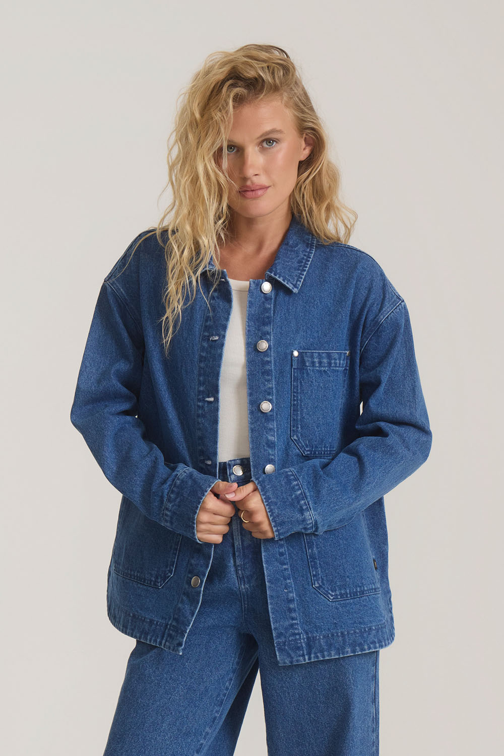 Roark Revival Hwy 1 Chore in Vintage Blue — Front view, hands clasped