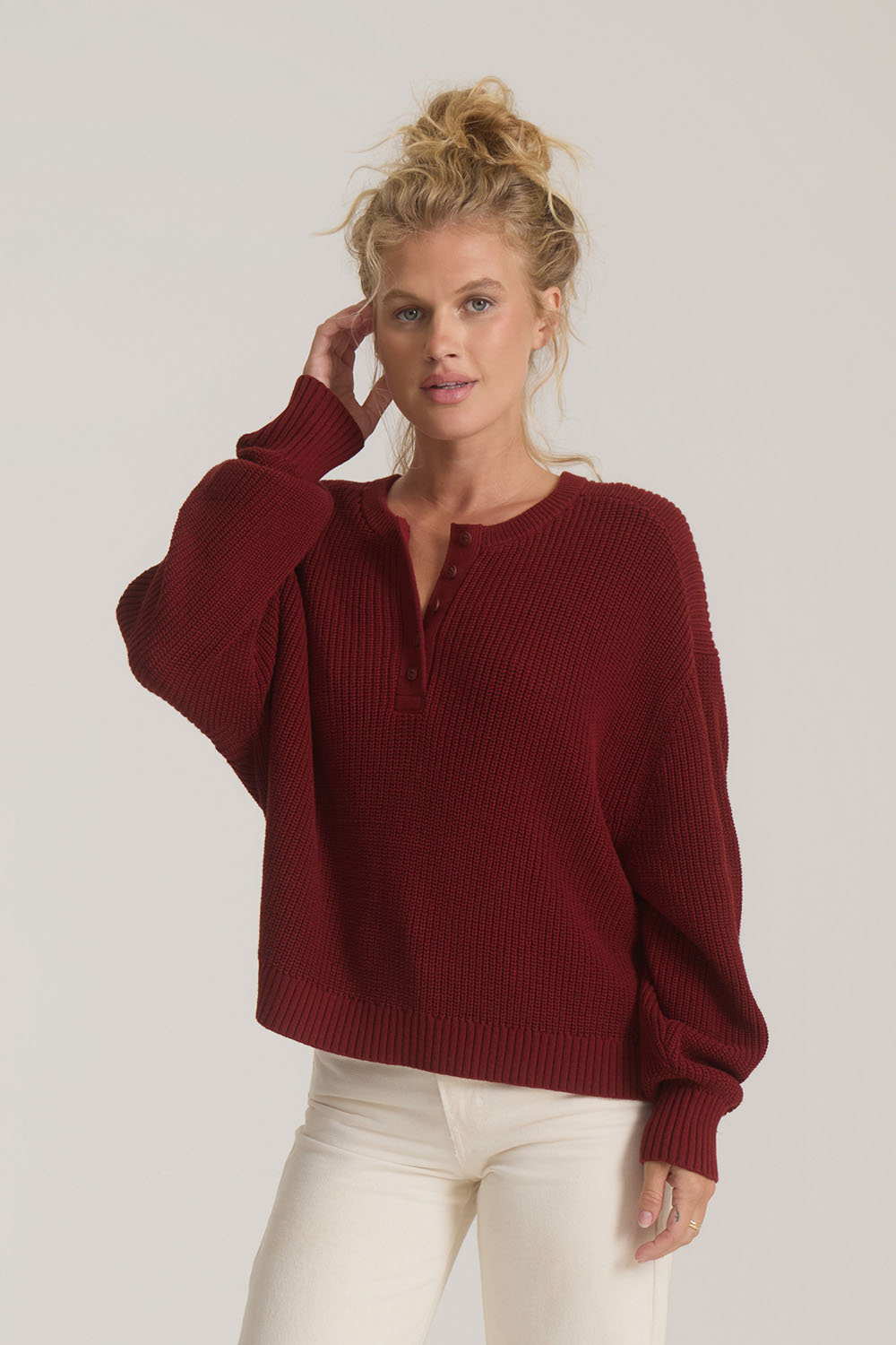 Roark Revival Made To Fade Sweater in Cherrywood — Quarter view