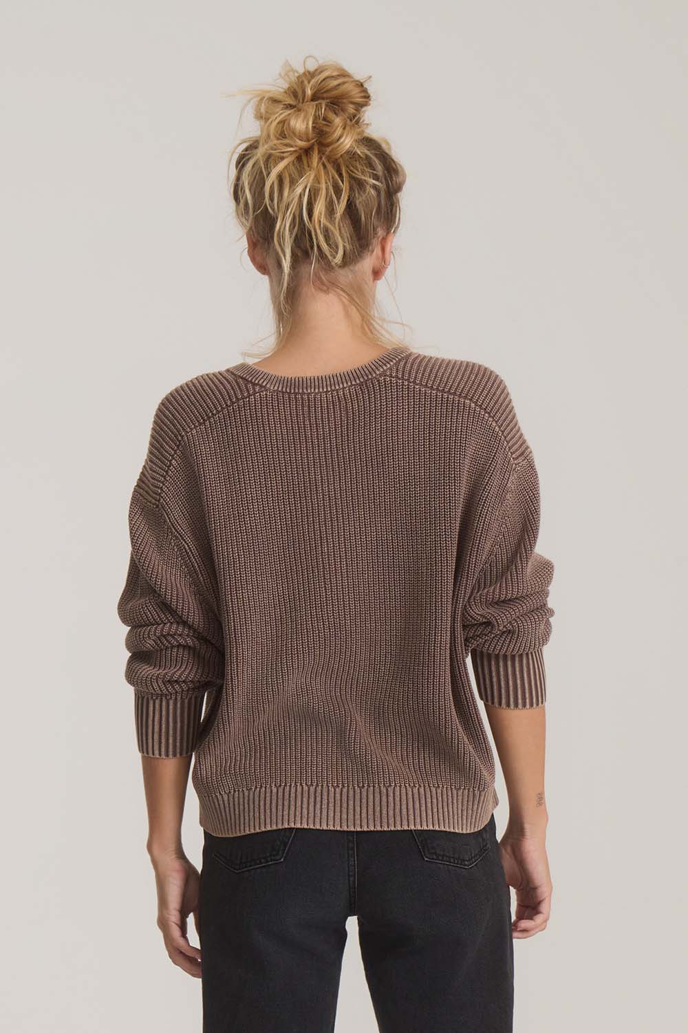 Roark Revival Made To Fade Sweater in Coco Bean — Back view, straight-on