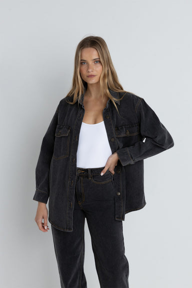 Rhythm - Oversized Denim Shacket - Grey - Front