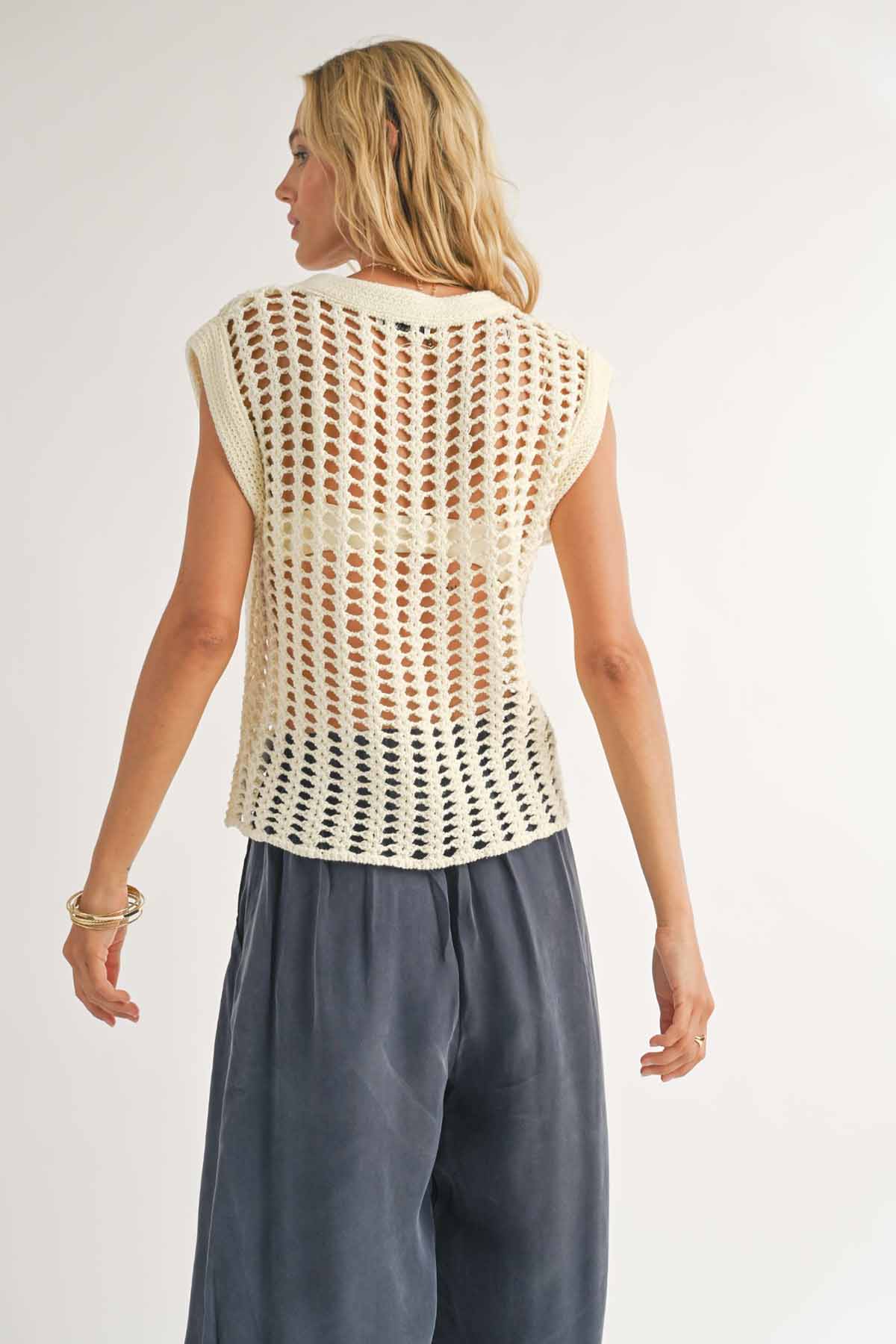 Sadie & Sage - Lexi Open Knit Sweater Vest - Ivory - Back