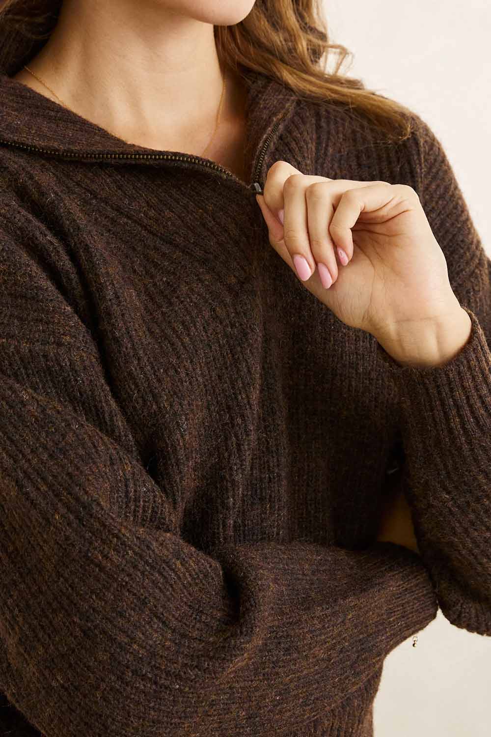 rhythm quincy zip knit chocolate detail