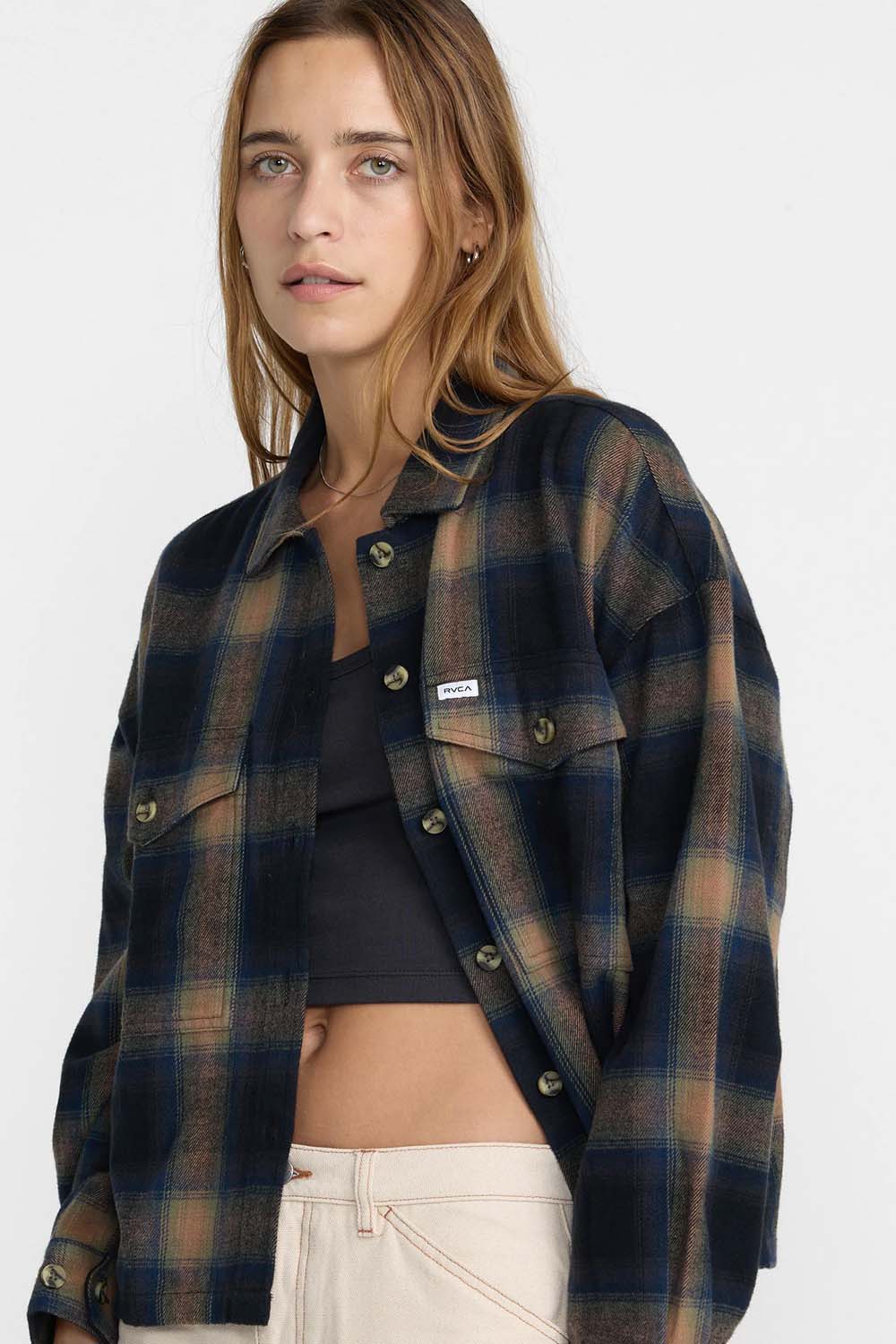 RVCA Bonito Boxy Flannel in Black — Front view, close crop