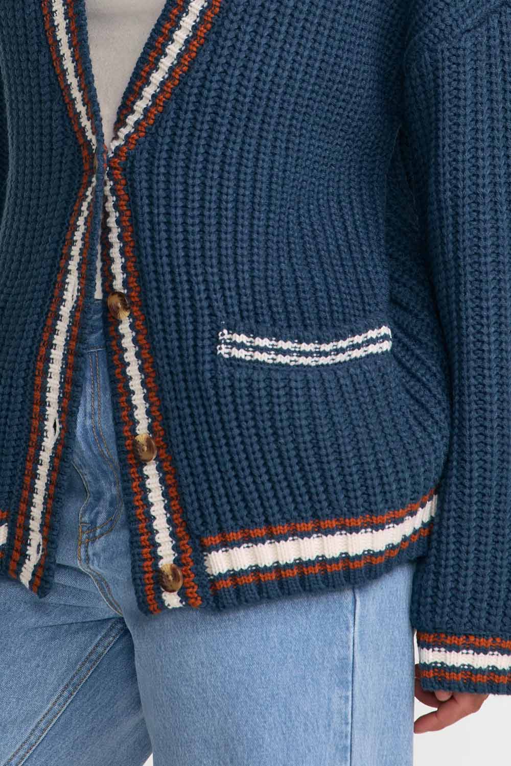 RVCA Camden Cardigan in Blue Slate — Trim detail view