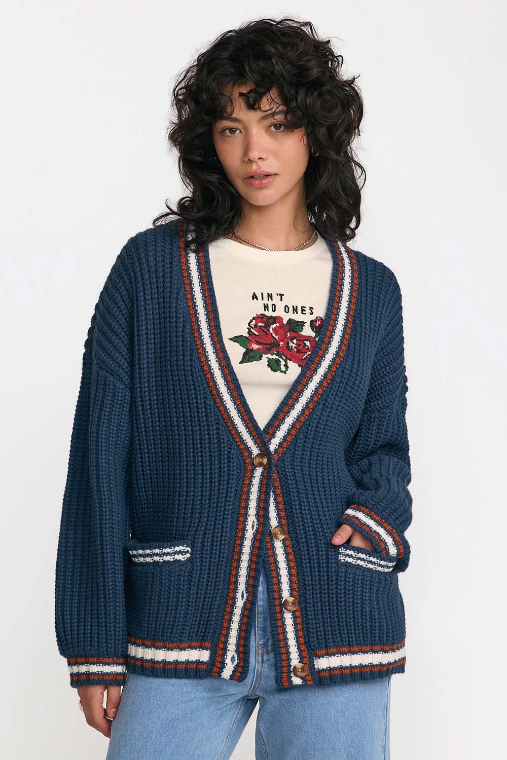 RVCA Camden Cardigan in Blue Slate — Front view