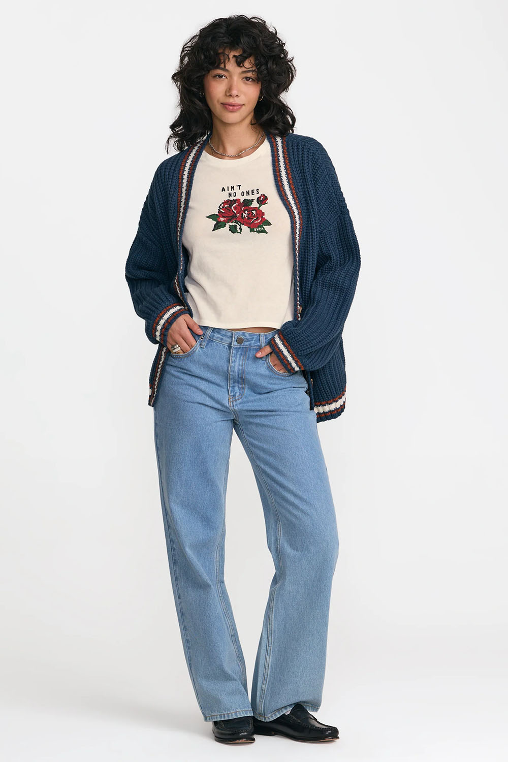 RVCA Camden Cardigan in Blue Slate — Full-body view