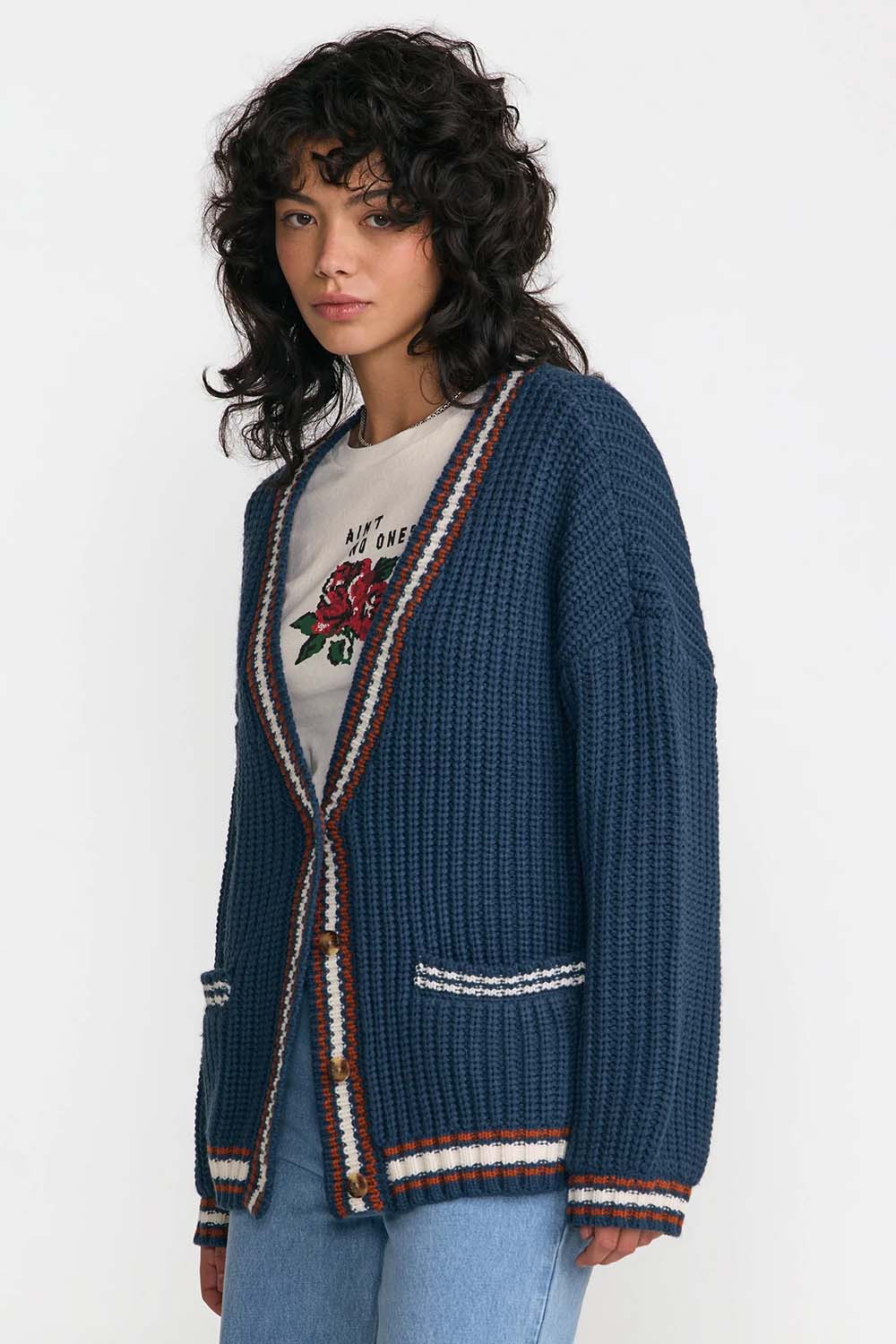 RVCA Camden Cardigan in Blue Slate — Quarter view