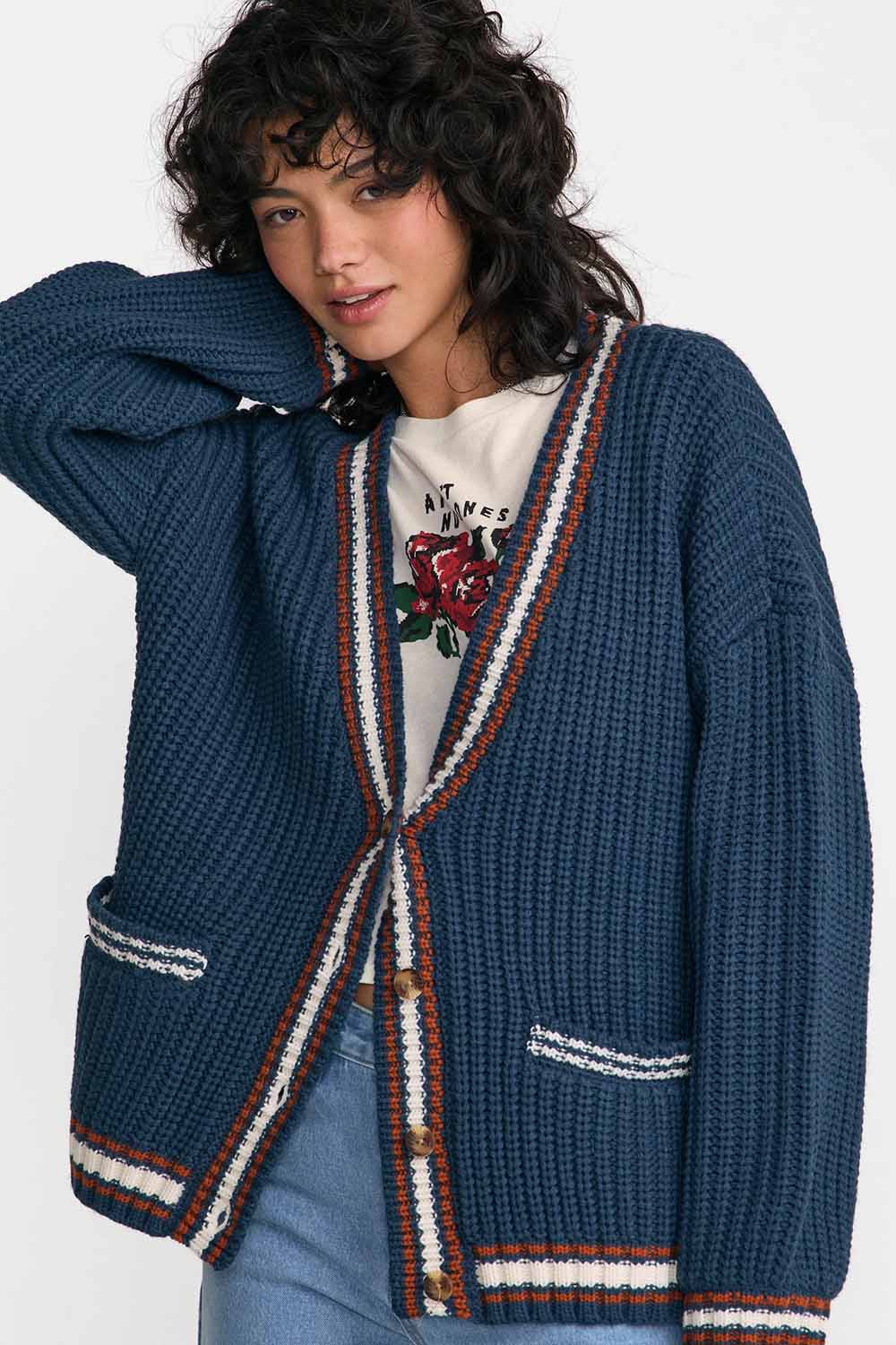 RVCA Camden Cardigan in Blue Slate — Styled view