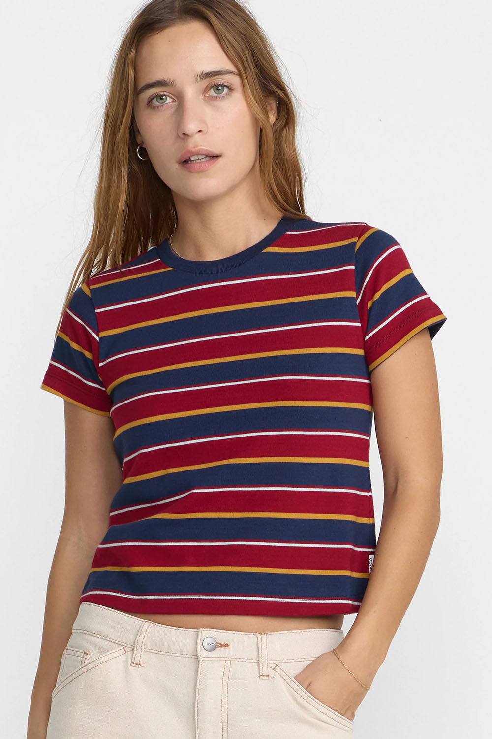 RVCA Unbound Baby Tee in Navy — Front view, alternate pose