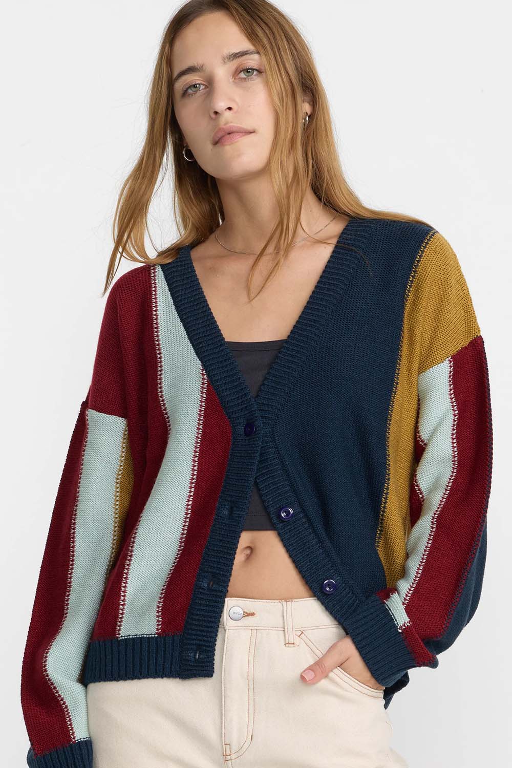 RVCA Unbound Cardigan in Navy — Front view, close crop