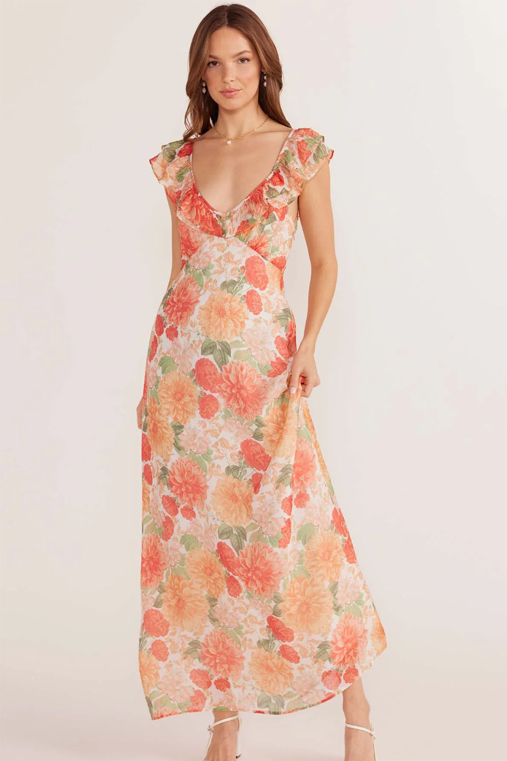 Mink Pink - Aida Frill Maxi Dress - Apricot Floral