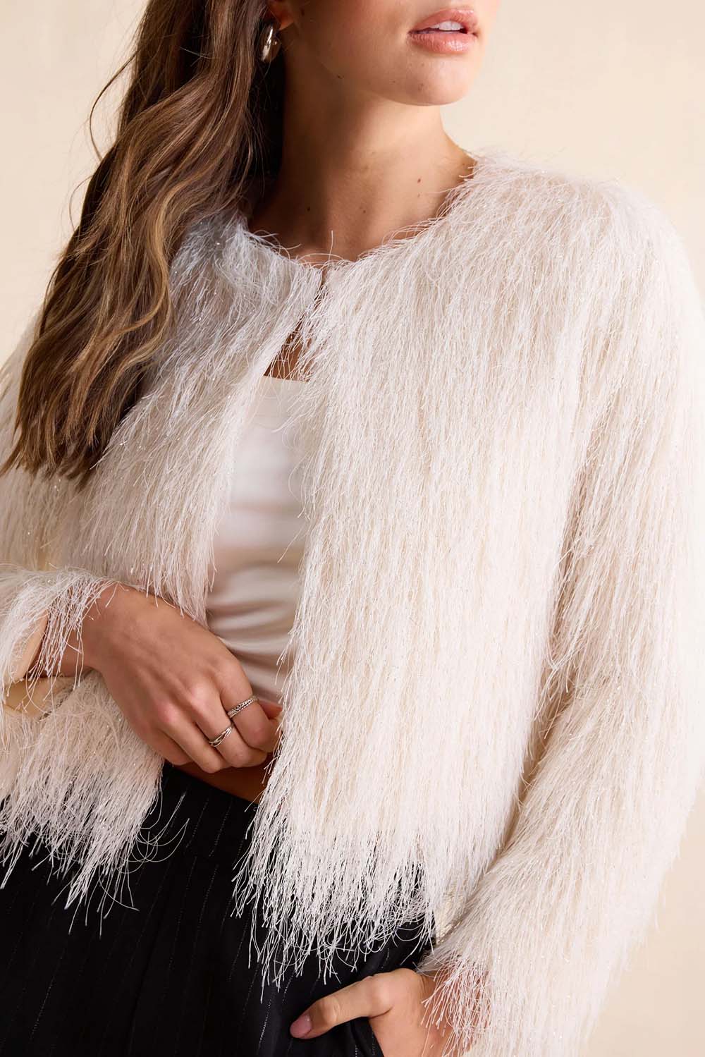 Sadie & Sage Angel Wings Fringe Jacket in Ivory — Fringe detail view