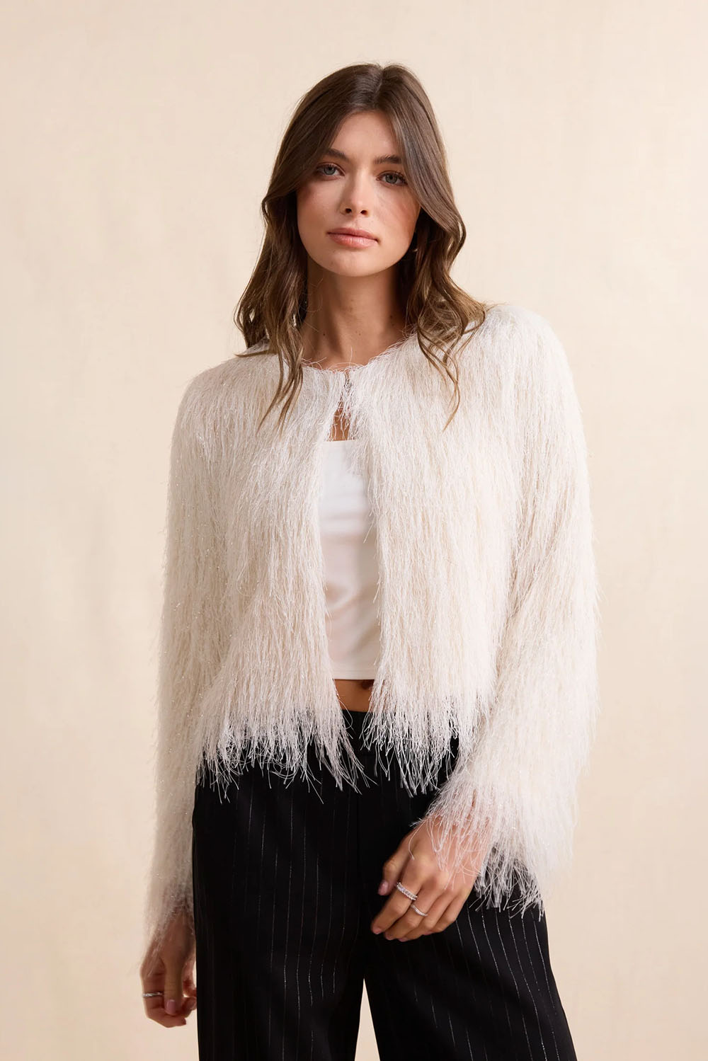 Sadie & Sage Angel Wings Fringe Jacket in Ivory — Front view