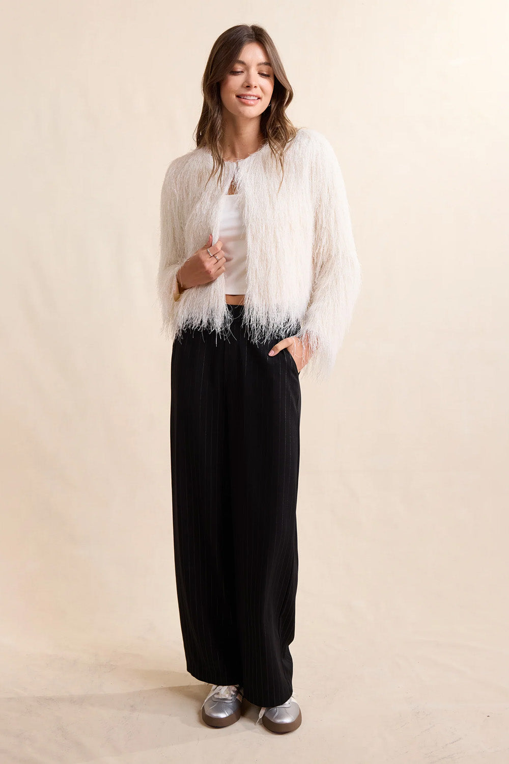 Sadie & Sage Angel Wings Fringe Jacket in Ivory — Full-body view