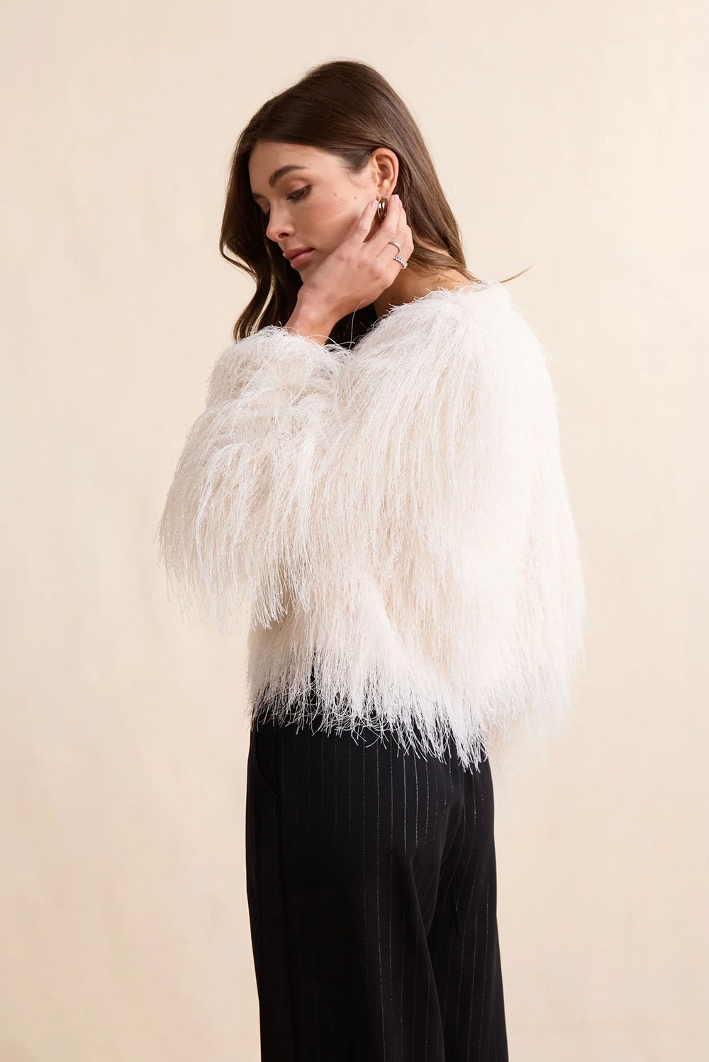 Sadie & Sage Angel Wings Fringe Jacket in Ivory — Quarter view