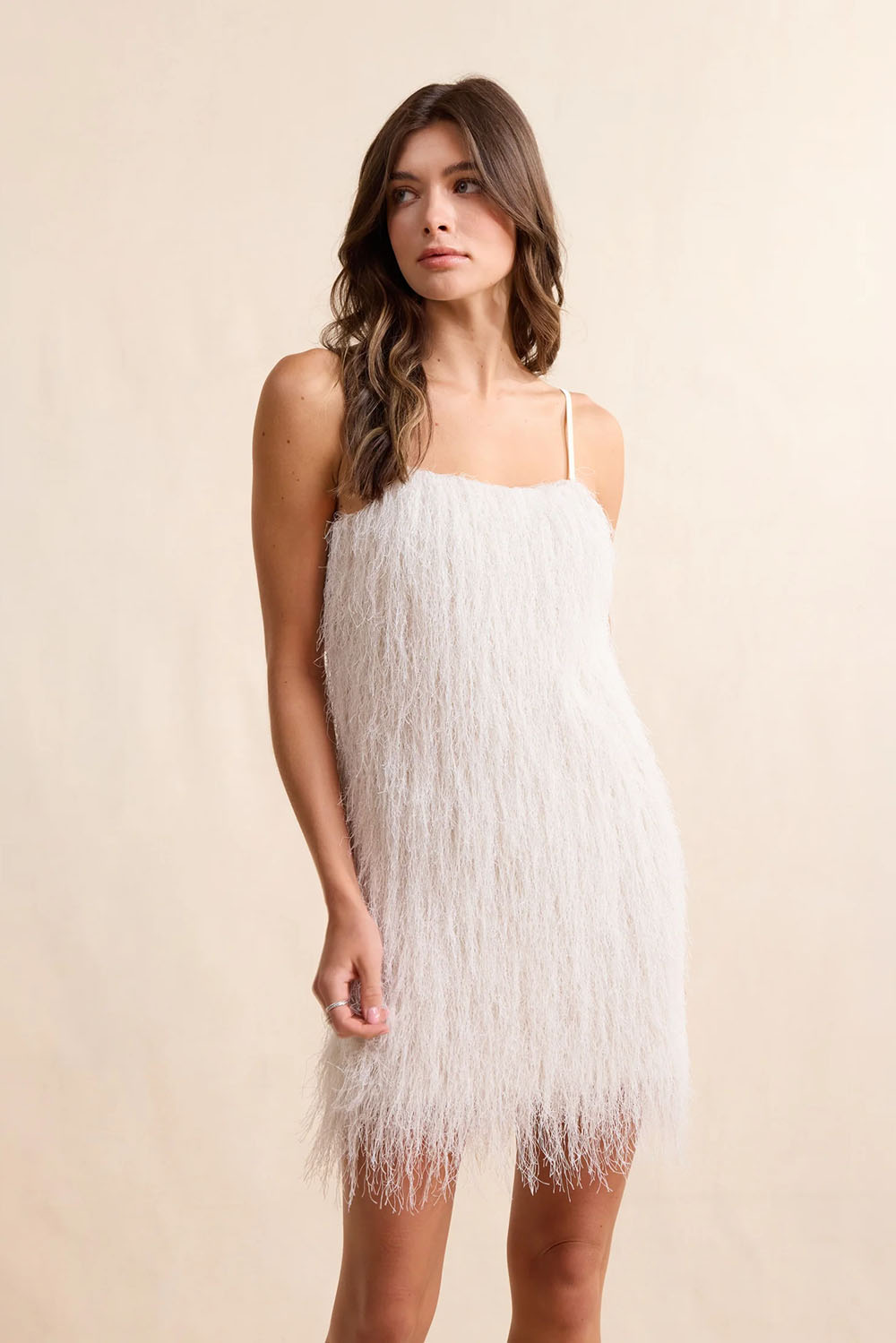 Sadie & Sage Angel Wings Fringe Mini Dress in Ivory — Front view