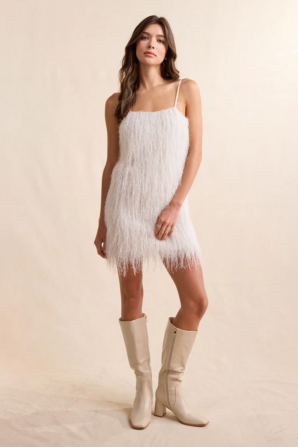 Sadie & Sage Angel Wings Fringe Mini Dress in Ivory — Full-body view