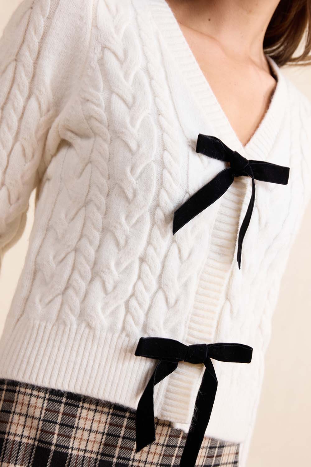 Sadie & Sage Celeste Bows Cardigan in Cream — Bows detail view