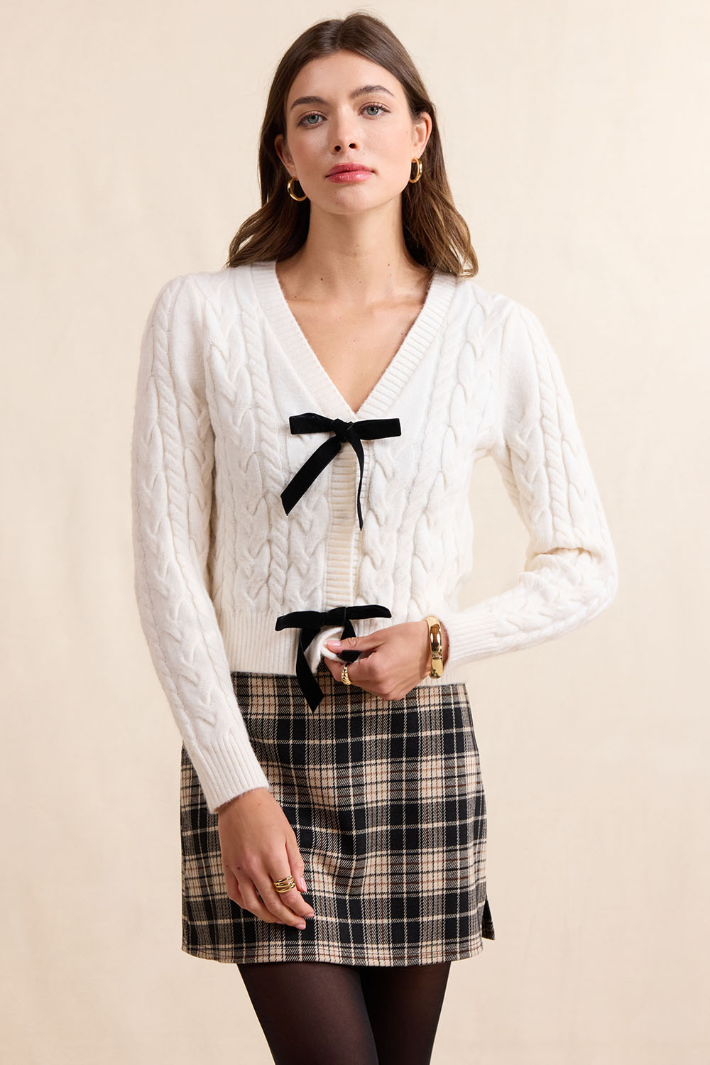 Sadie & Sage Celeste Bows Cardigan in Cream — Front view