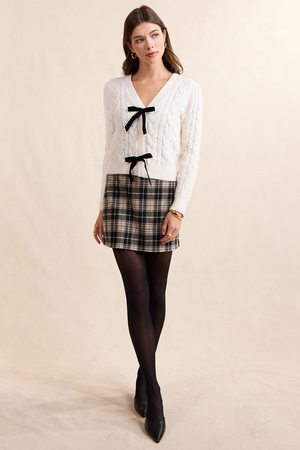 Sadie & Sage Celeste Bows Cardigan in Cream — Full-body view