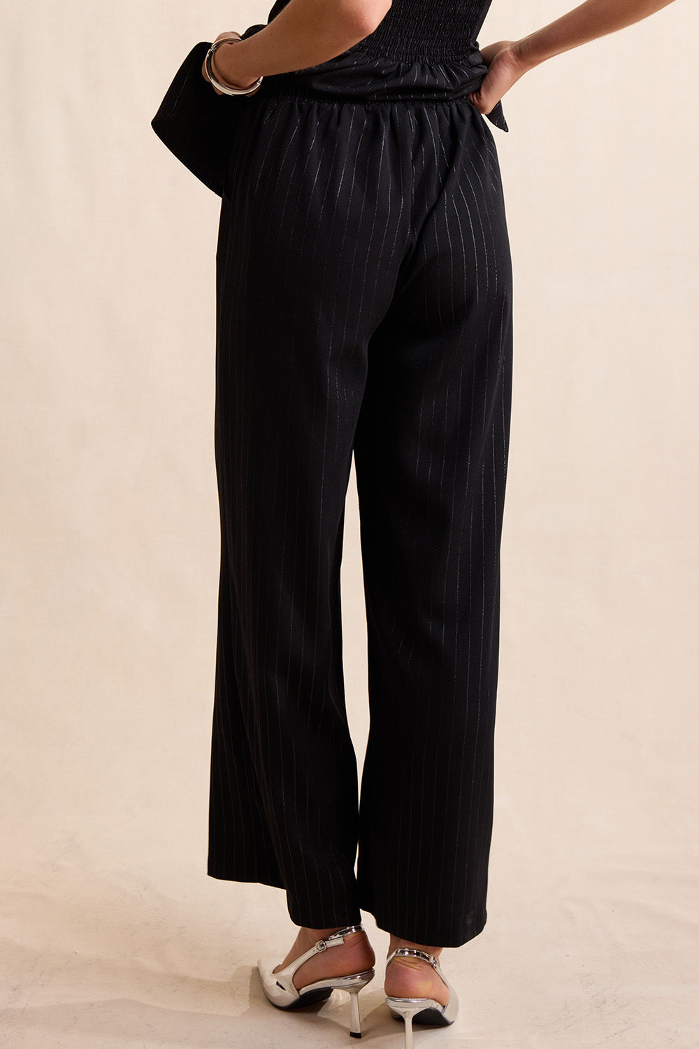 Sadie & Sage Gilded Evening Pinstripe Pants in Black Silver — Back view