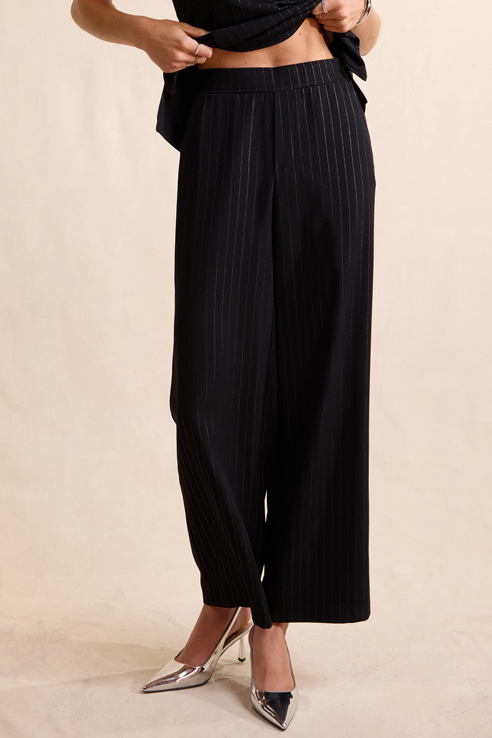 Sadie & Sage Gilded Evening Pinstripe Pants in Black Silver — Front view