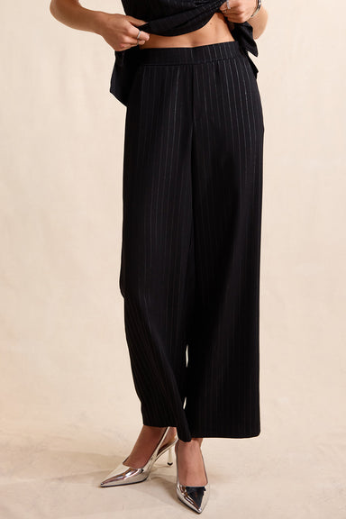 Sadie & Sage Gilded Evening Pinstripe Pants in Black Silver — Front view
