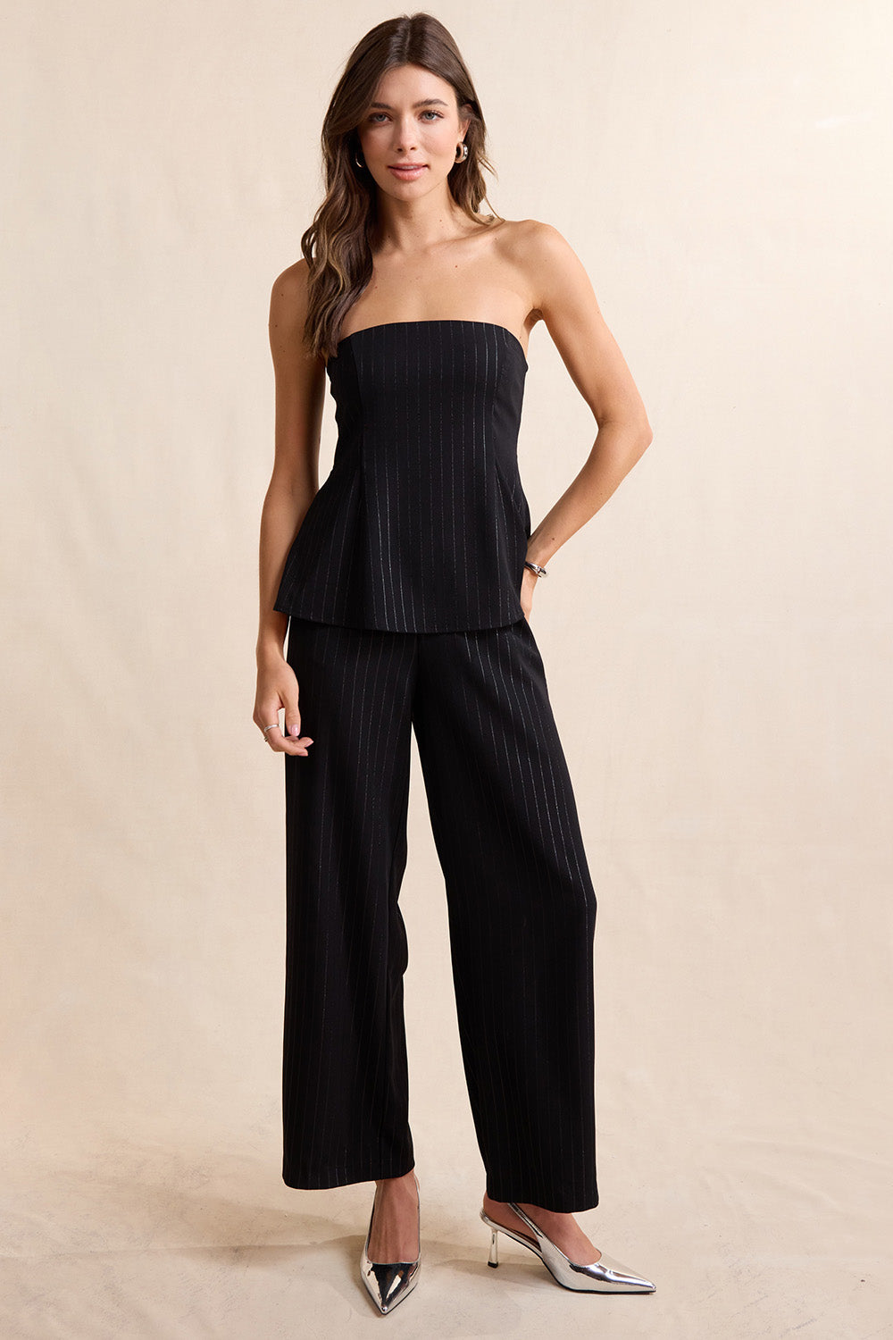 Sadie & Sage Gilded Evening Pinstripe Pants in Black Silver — Full-body view