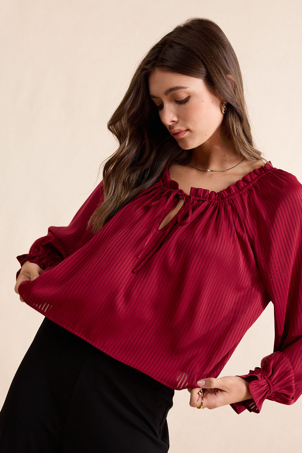 Sadie & Sage Inner Circle Poet Blouse in Red — Quarter view