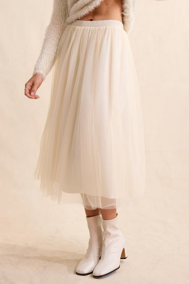 Sadie & Sage Invitation Tulle Midi Skirt in Cream — Front view