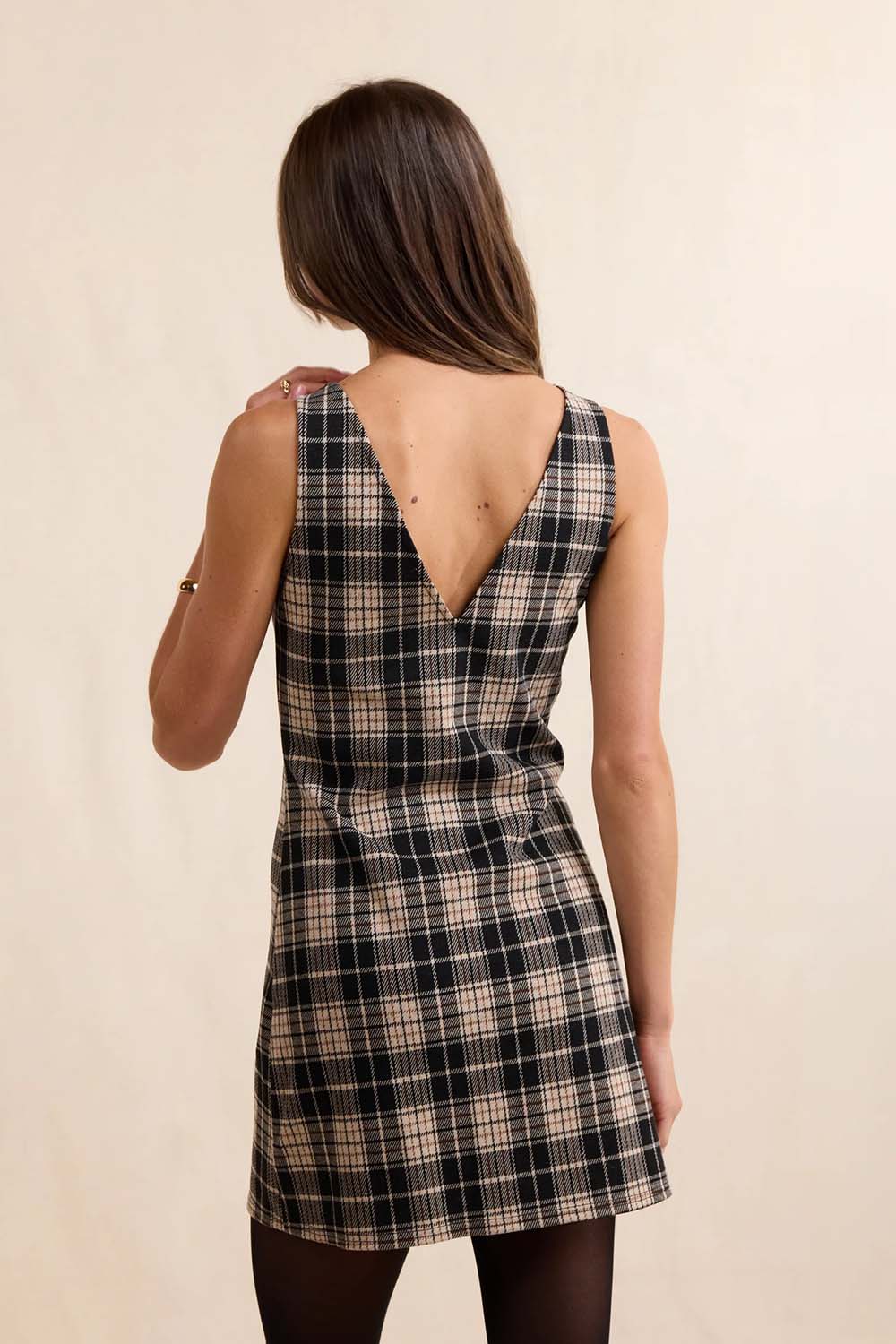 Sadie & Sage Served Up Plaid Mini Dress in Black Multi — Back view