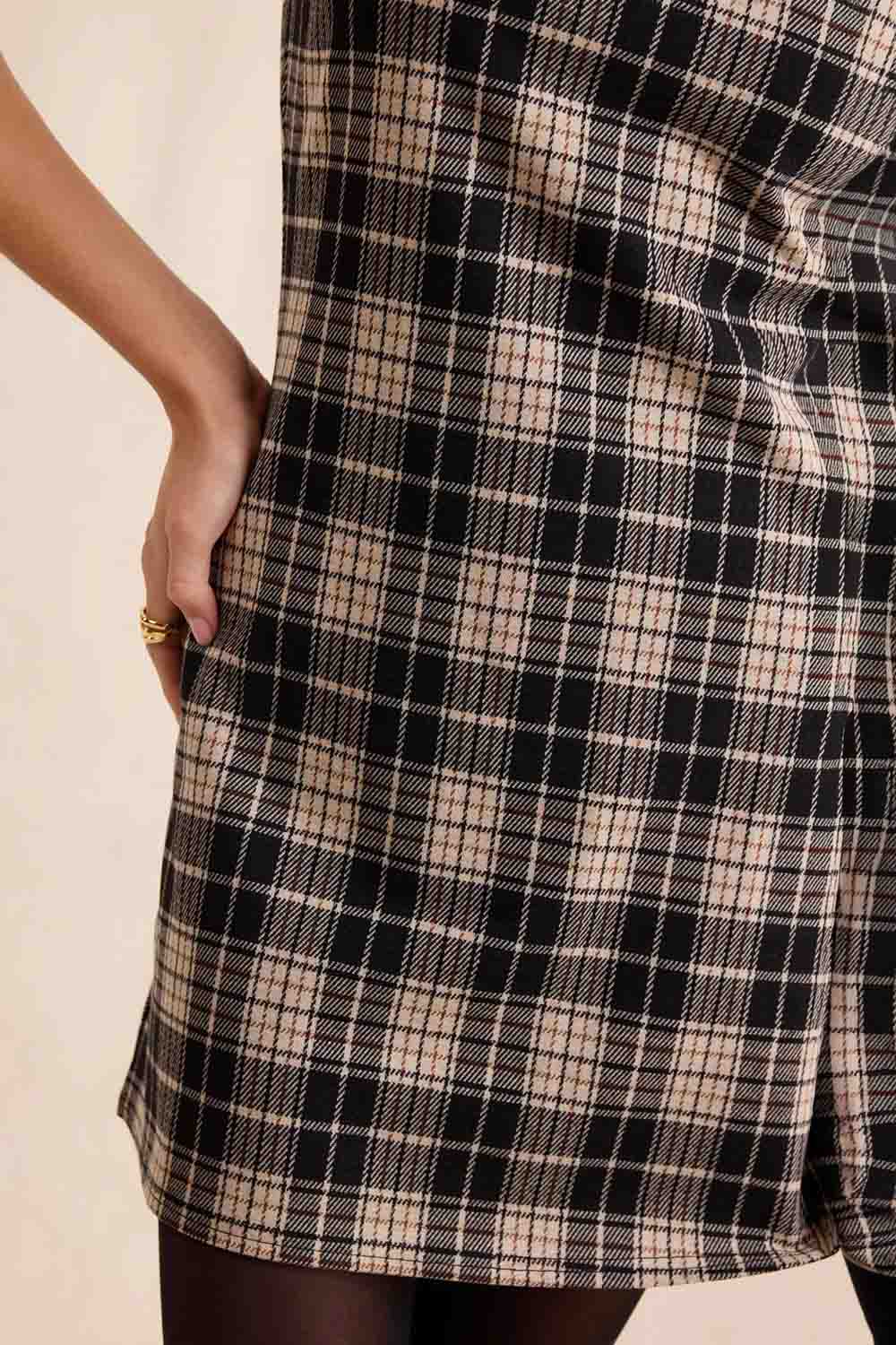 Sadie & Sage Served Up Plaid Mini Dress in Black Multi — Fabric detail view