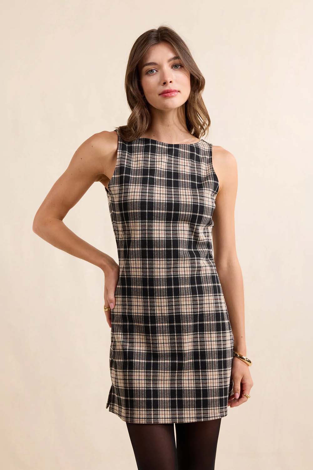 Sadie & Sage Served Up Plaid Mini Dress in Black Multi — Front view
